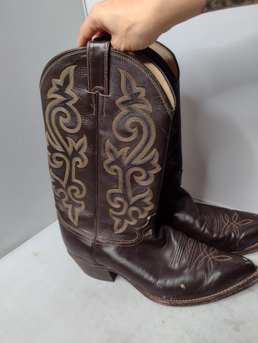 Justin H1417 Brown Leather Cowboy Western Boots Size 11 Embroidered - Picture 5 of 10